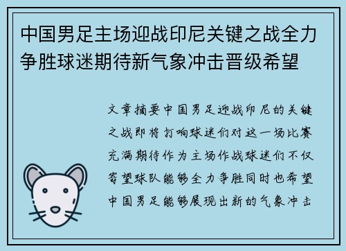 中国男足主场迎战印尼关键之战全力争胜球迷期待新气象冲击晋级希望